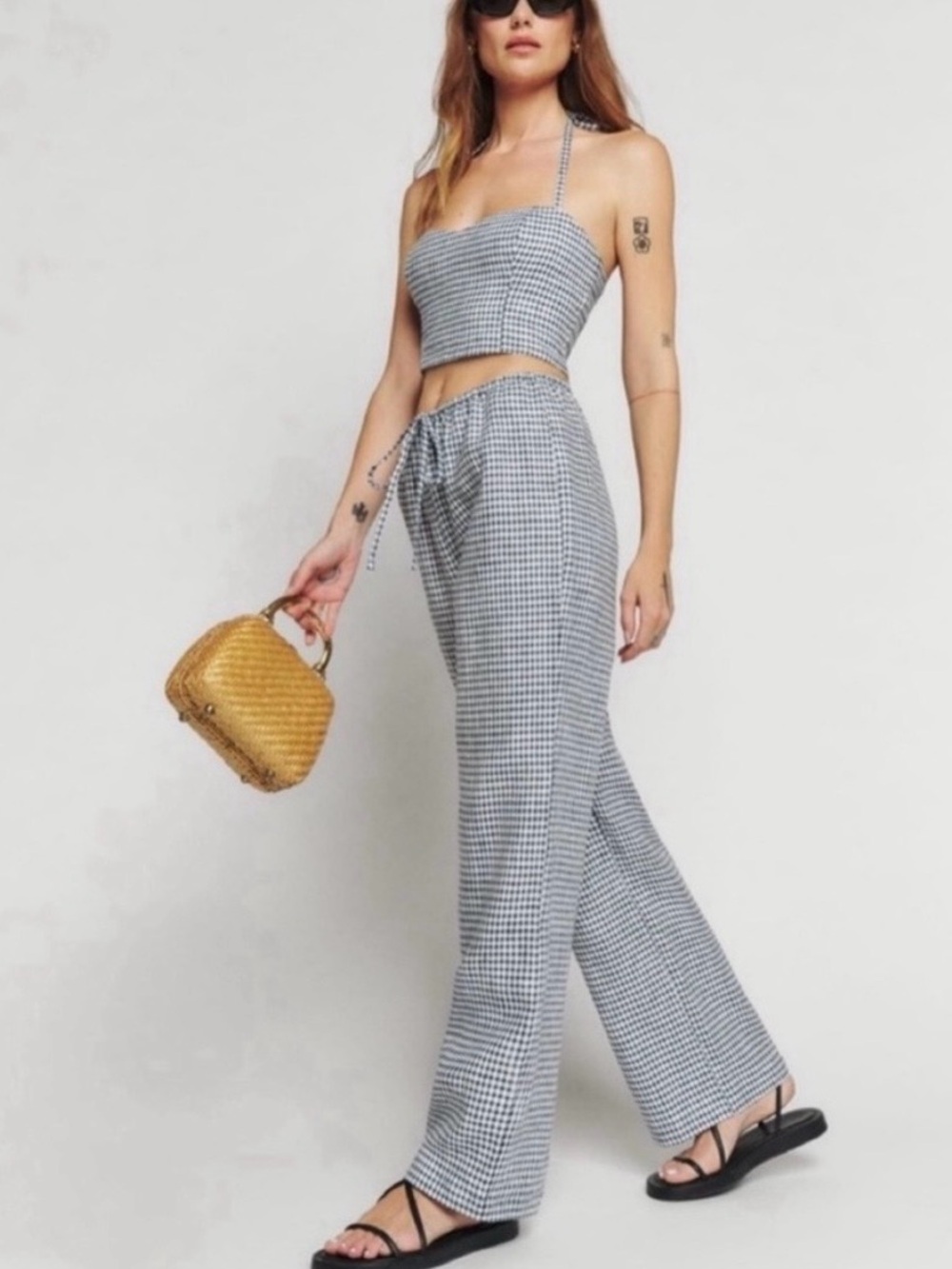 Reformation Black & White Gingham Wide-Leg Pants
